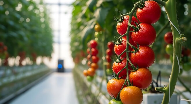 Fresh Tomatoes Growing on Vines in a Hydroponic Greenhouse