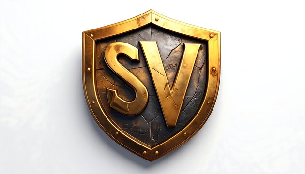 A golden, weathered shield displaying the letters "SV". The shield is detailed, with a metallic frame. The background is white