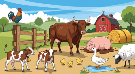 Naklejka premium A charming and colorful farm scene featuring a variety of domestic animals like cows, pigs, sheep, ducks, and chickens, perfect for childrens educational content or farmthemed promotions