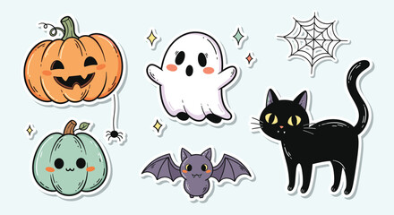 Fototapeta premium Cute Halloween characters including a happy pumpkin, adorable ghost, spooky black cat, small bat, and spider web perfect for holiday decorations, party invitations, or childrens graphic