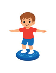 Fototapeta premium Boy balancing on a stability cushion, wobble disc, balance trainer. coordination, core exercise, posture, fitness, therapy, kids activity. flat vector illustration isolated on white background.