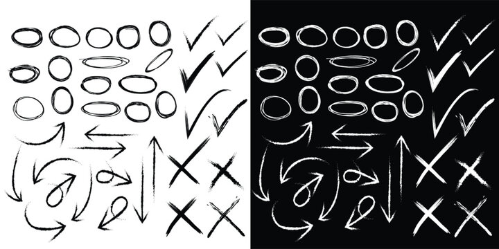 Hand Drawn Arrow, Circle and Check Mark Doodle Set &ndash; Black and White Sketch Arrows, Highlight Circles and Cross Marks for Infographic, UI, Web and Presentation.