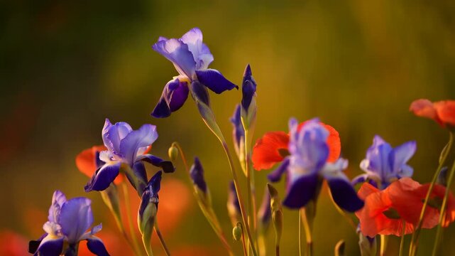 An Energetic Depiction Of Vibrant Iris And Poppy Blooms Amidst Glowing Background And Gentle Motion