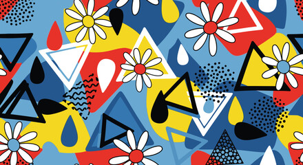 Obraz premium Colorful abstract seamless background with geometric shapes, drops, and daisy flowers, perfect for modern fabric prints, digital wallpapers, and contemporary surface designs