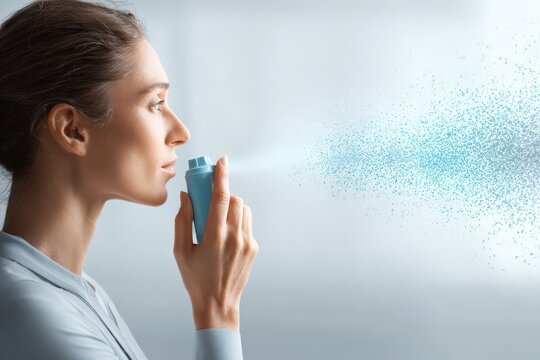 Young woman uses asthma inhaler in a professional setting to manage breathing difficulties caused by allergies or air pollution