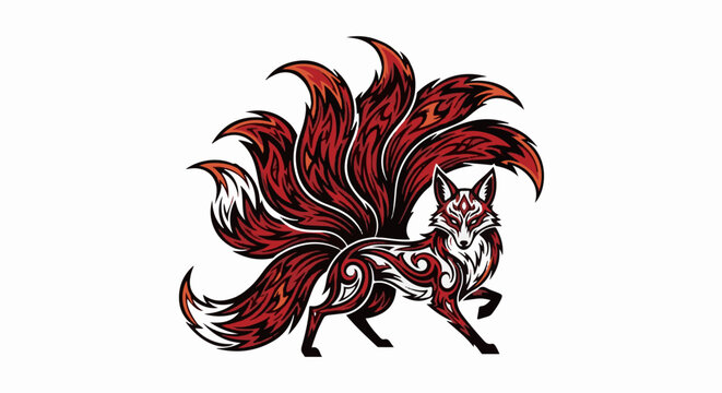 Stylized nine-tailed fox with tribal markings, depicted in vibrant red and white
