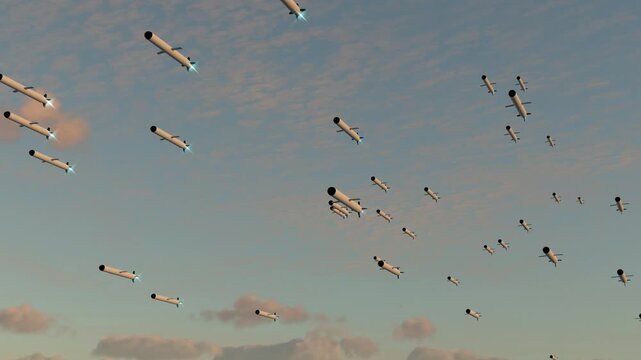 Swarm missile pack rockets on cloud sky 4k