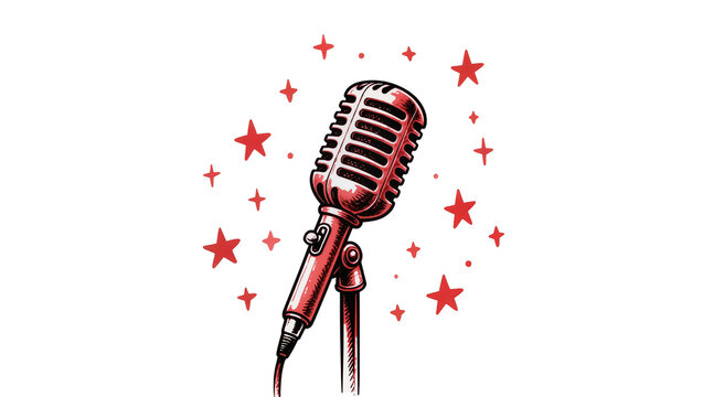 Vintage microphone with a coiled cable emitting sparkling starbursts and red stars, isolated on transparent background for music themes