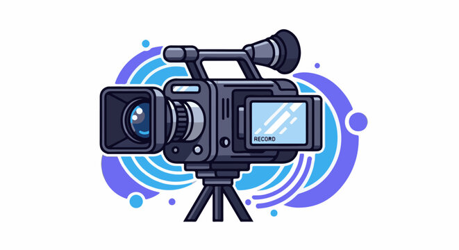 Stylized video camera on tripod with abstract blue and purple circles