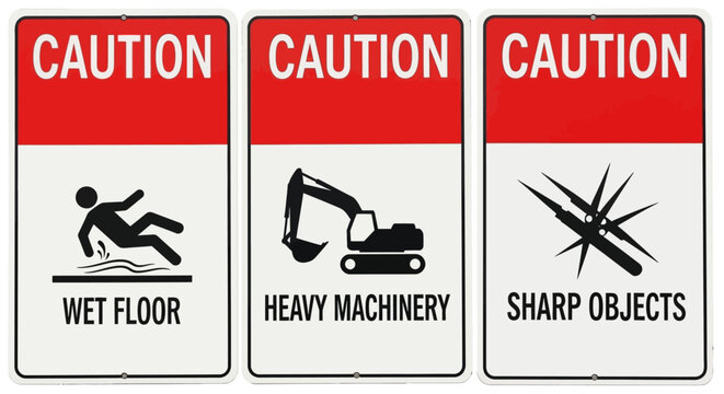 Set of Caution Signs Wet Floor, Heavy Machinery, Sharp Objects, Isolated White Background