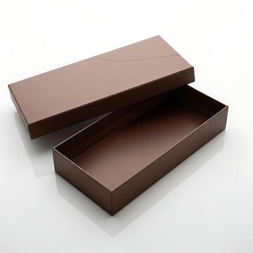 A brown box with its lid open on a white surface