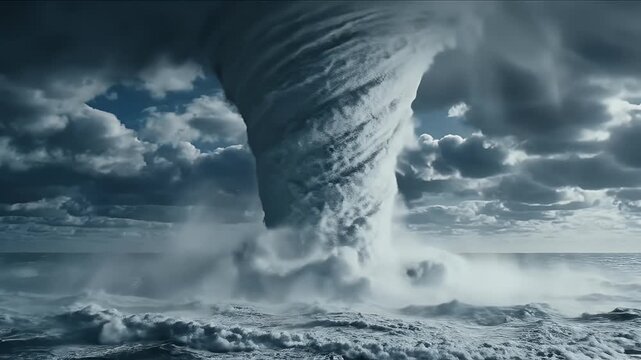 Massive ocean tornado engulfs turbulent water under stormy skies