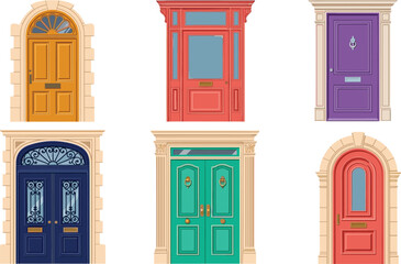 Obraz premium Set of Colorful Vintage Front Doors Featuring Classic Architectural Entrances with Elegant Stone Arches Ornate Frames and Decorative Entry Portals