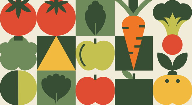 Dynamic flat graphic presentation of various fresh fruits and garden vegetables within a modular block arrangement great for grocery marketing materials