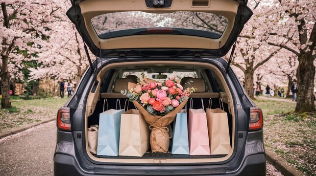 Open car trunk filled with pastel shopping bags and a large bouquet of pink flowers parked under cherry blossoms, spring shopping trip, romantic gesture, Mother's Day.