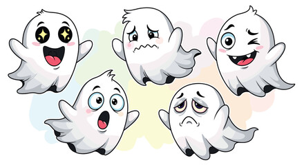 Obraz premium A collection of expressive white ghosts displaying various emotions including joy, fear, surprise, sadness, and playfulness, perfect for spooky holiday promotions and engaging content.