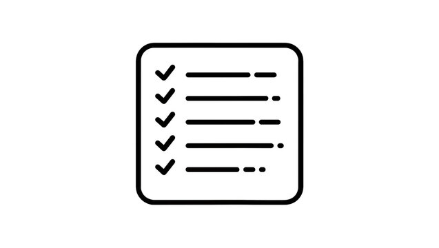 Sleek black outline checklist icon with five completed tasks marked by checkmarks, isolated on transparent background for business presentations