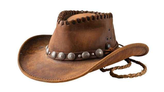 Vintage brown leather cowboy hat with decorative silver conchos and braided rope chin cord, isolated on transparent background for western themes