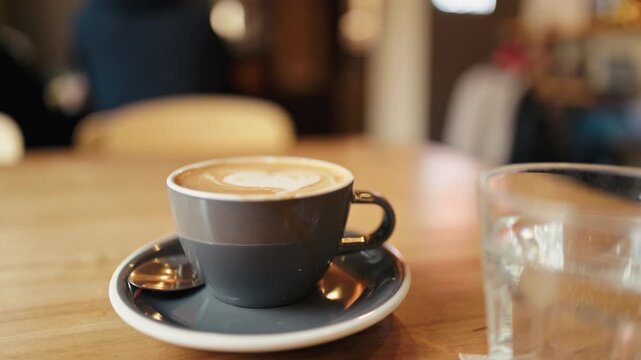 Serene coffee moment highlighting latte on rustic table with gentle natural illumination