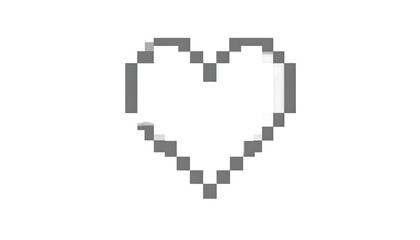 Fototapeta premium A grayscale pixellated heart graphic set against a stark white backdrop. The heart appears 2D with soft shadow and a simple outline