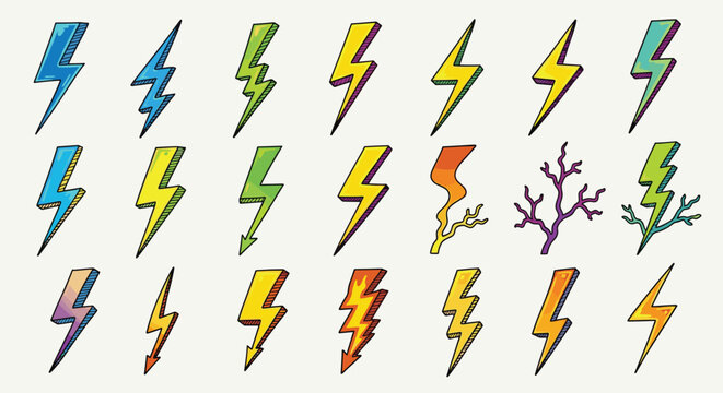 Assortment of vibrant hand drawn lightning bolts and thunder graphic symbols showcasing various shapes and colorful textured pop art styles for dynamic energy branding and digital media