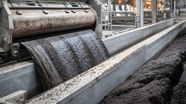 industrial black slag flowing through metal conveyor system for manufacturing use
