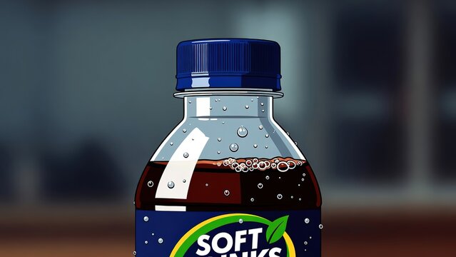 Illustration of a carbonated soft drink bottle with blue cap and label