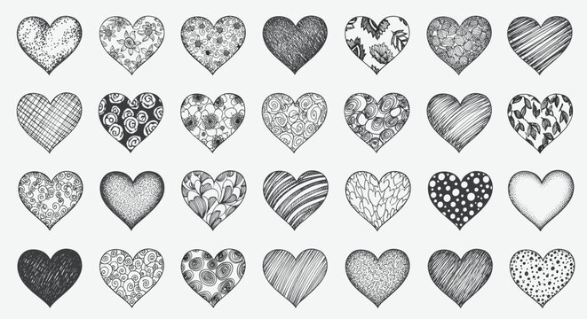A comprehensive collection of hand drawn hearts filled with diverse abstract textures and organic motifs, perfect for expressing love themes and romantic graphic projects