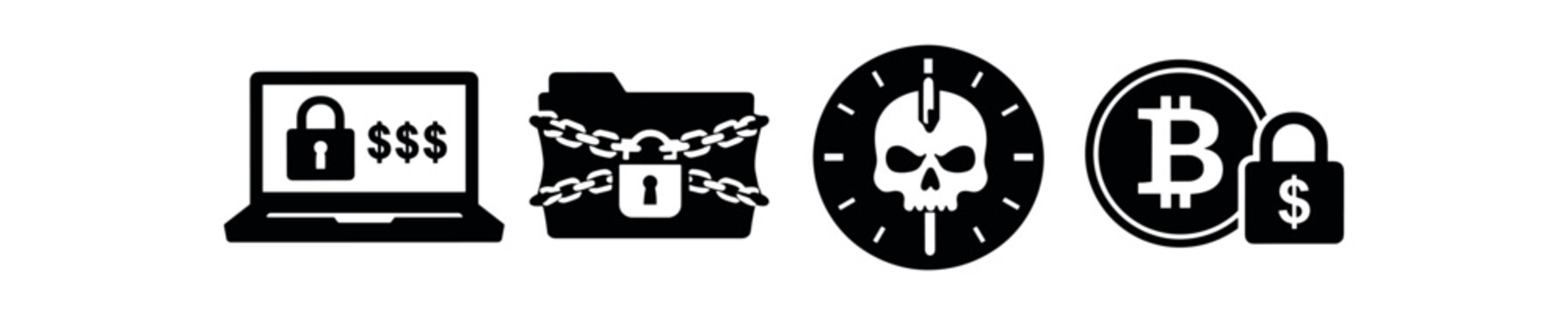 Ransomware and cyber attack icon set. malware, data breach, locked folder, encrypted files, laptop security, bitcoin extortion, skull timer, chain and lock. 