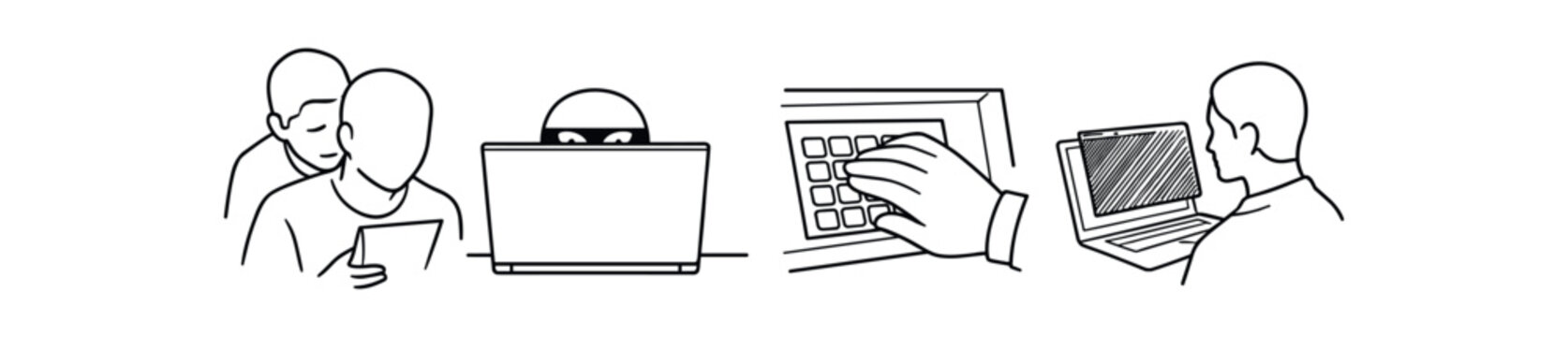 Login and access control icon set. group users, hidden attacker, keypad entry, laptop user. 