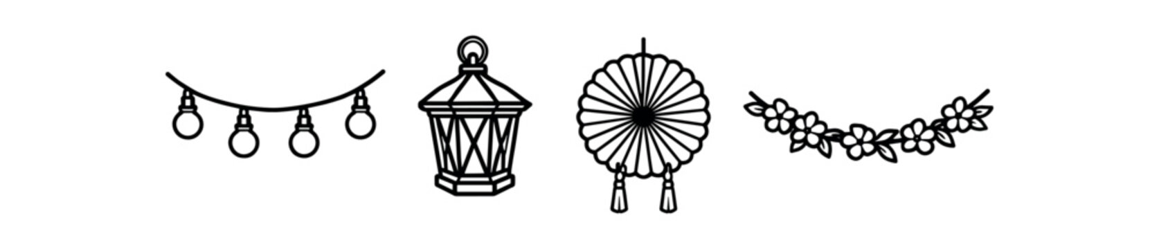 Festive lantern and garland icon set. string lights, hanging lantern, paper rosette, floral garland, party, celebration. line vector illustration.