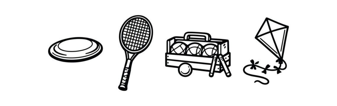 Outdoor sports equipment icon set. frisbee, tennis racket, ball cart, kite, playground and lawn games. line vector icon set.