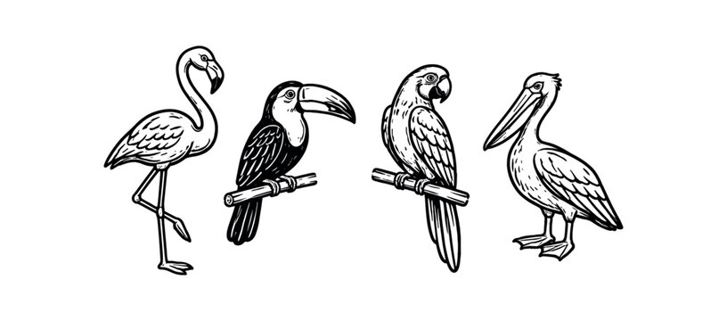 Tropical birds icon set. flamingo, toucan, parrot, pelican, exotic bird, wildlife, zoo, rainforest, wetland.  vector illustration.