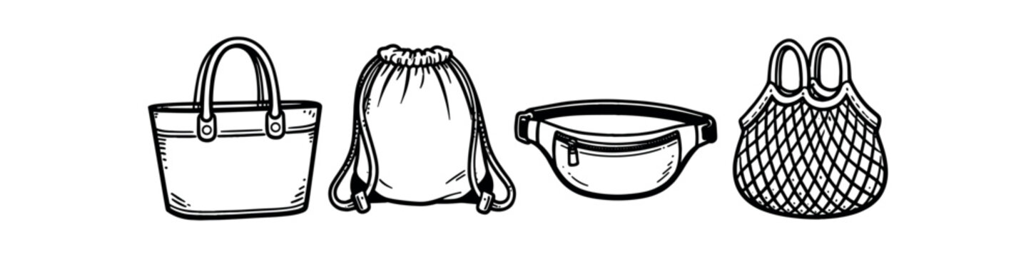 Bags and purses icon set. tote bag, drawstring backpack, waist bag, net market bag, handbag, pouch, travel, shopping. line vector illustration.