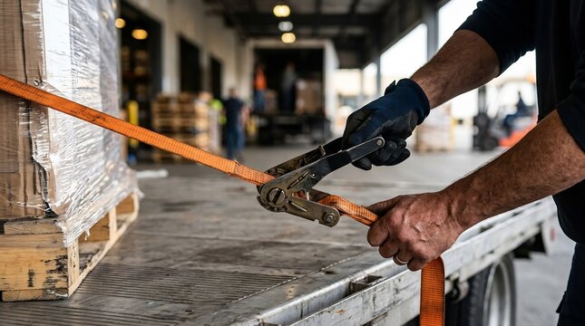 Worker securing cargo with a ratchet strap on a truck bed at a loading dock
