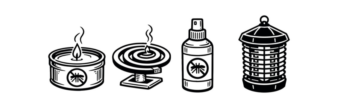 Insect repellent and mosquito control icon set. citronella candle, mosquito coil, spray bottle, electric bug zapper, pest control, outdoor protection. line  vector illustration.