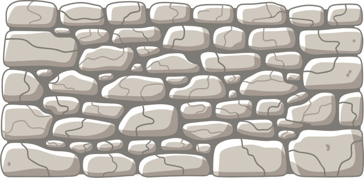A cartoon illustration of a rustic stone wall with irregular light grey rocks and dark outlines, creating a textured background.
