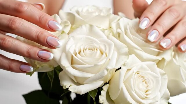Elegant hands with pearlescent manicured nails delicately resting on a bouquet of pristine white roses, symbolizing beauty and refinement