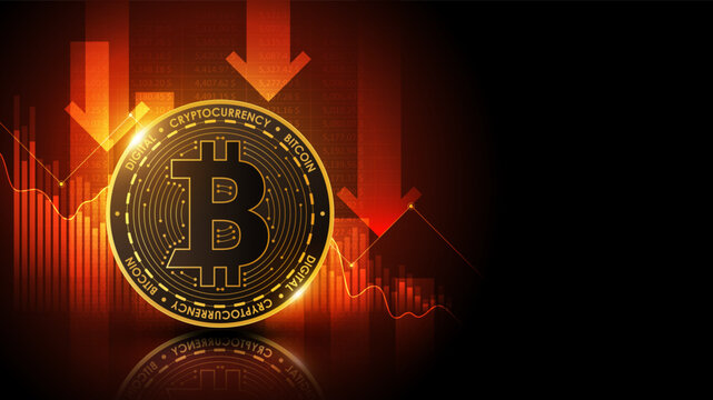 Bitcoin cryptocurrency coin with falling arrow and red financial chart showing market crash risk and digital investment loss concept, vector illustration