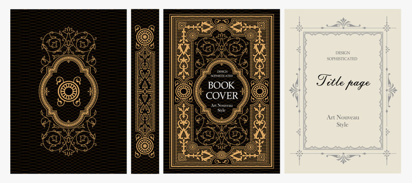 Classic vintage book cover, title page, spine design with Art Deco, Baroque, Art Nouveau and Victorian ornaments. Elegant decorative frame, retro style for publications, posters and artistic layouts.