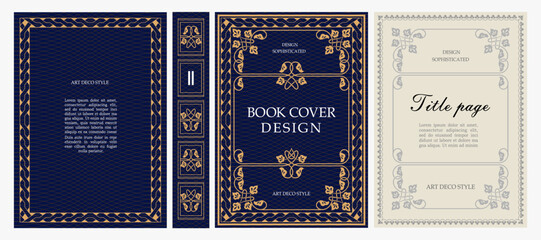 Naklejka premium Classic vintage book cover, title page, spine design with Art Deco, Baroque, Art Nouveau and Victorian ornaments. Elegant decorative frame, retro style for publications, posters and artistic layouts.