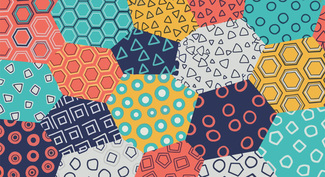 A vibrant abstract mosaic displaying a playful assortment of varied geometric shapes such as hexagons, triangles, and circles, perfect for contemporary textiles, prints, and packaging.