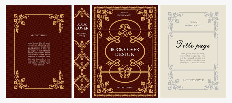 Classic vintage book cover, title page, spine design with Art Deco, Baroque, Art Nouveau and Victorian ornaments. Elegant decorative frame, retro style for publications, posters and artistic layouts.