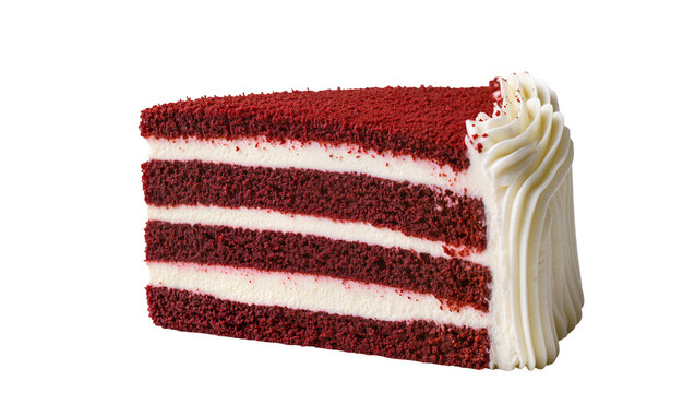 Rich red velvet cake slice with creamy frosting swirls, perfectly layered and isolated on transparent background for dessert advertising