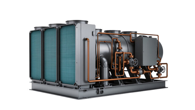 Industrial chiller unit with multiple blue finned cooling coils and intricate copper piping, isolated on transparent background for engineering diagrams