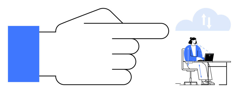 Cloud computing concept. A hand gesture directs focus toward cloud storage and a remote worker at a desk. Cloud computing enhances remote work dynamics and connections. For technology, business, IT