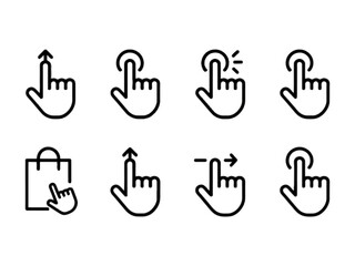 Obraz premium Set of eight minimalist line art touch gesture icons representing user interface interactions and digital navigation controls on transparent background