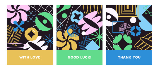 Fototapeta premium Set of designs of greeting cards with abstract geometric background. Poster layouts with Bauhaus elements. Postcard templates with signs, figures in retro Brutalism style. Flat vector illustrations