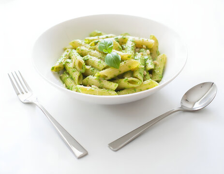 Herb Pesto Penne Pasta on a White Bowl with the Fork