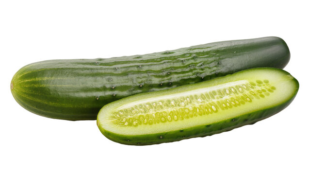 Two fresh green cucumbers one whole and one sliced lengthwise showcasing the crisp interior, isolated on transparent background for healthy eating concepts